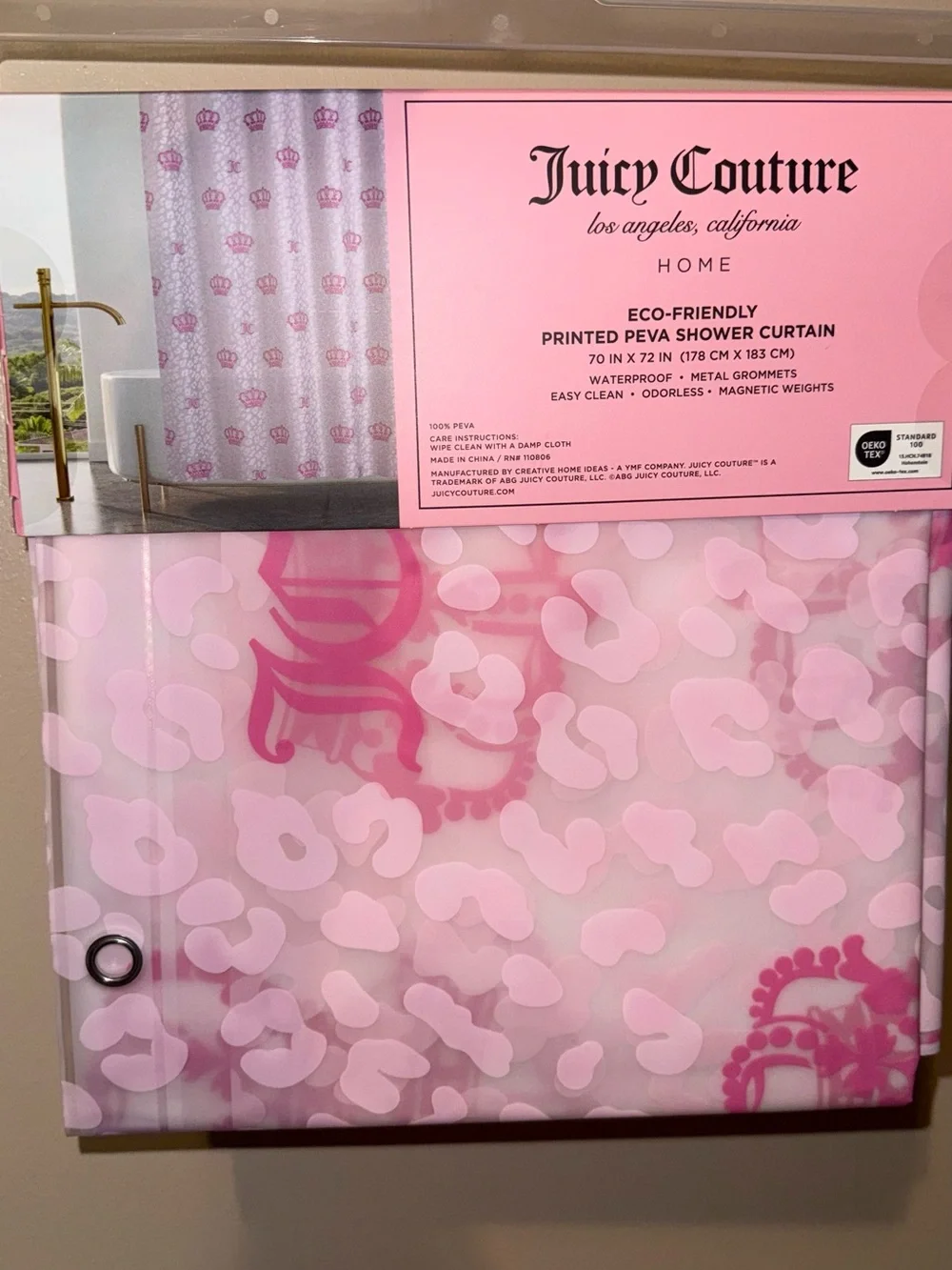 Juicy Couture pink shower curtain with white pink crown graphic #juicy #bathroom